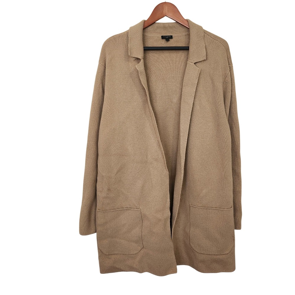 Talbots Cardigan Sweater Women 2X Tan Wool Blend Open Front Longline Pocket Coat